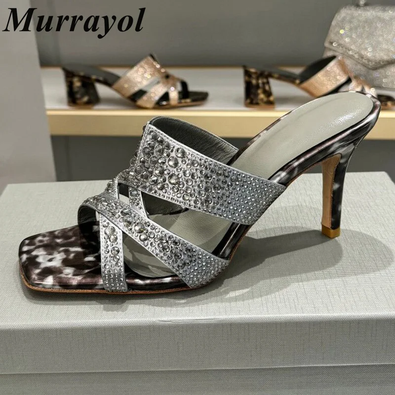 Luxurious Rhinestone Decor Thin High Heels Slippers Women Square Toe One Strap Sandals Summer Dress Shoes Pumps Wedding shoes