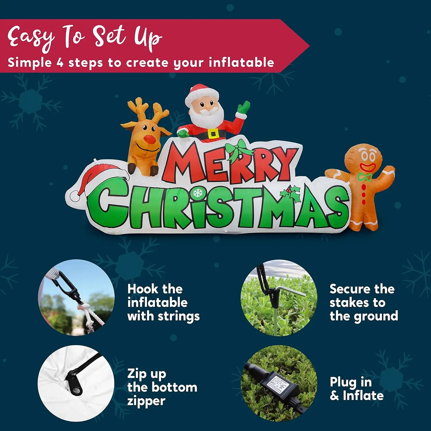 JOYFY 9.5 قدم عيد الميلاد نفخ عيد ميلاد سعيد تسجيل مع سانتا الرنة والزنجبيل لديكور ساحة في الهواء الطلق