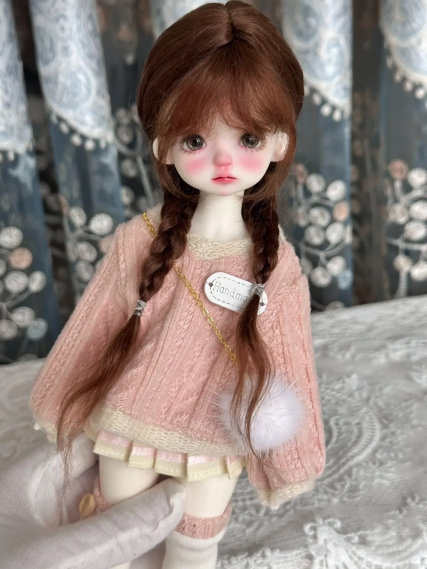 Hair for doll 1/6 bjd mohair brown wig double braid hard head shell doll hair