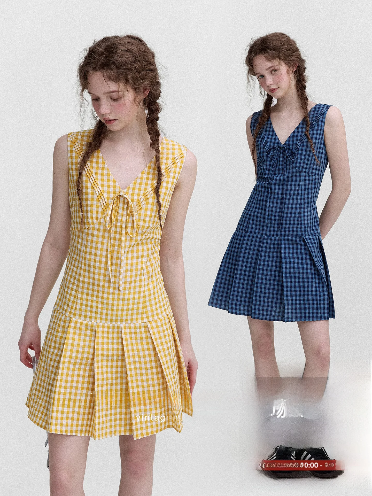 

Retro Plaid Belted V-neck Slim Fit Vest Dress Women's Dress Cotton High Waist Spring Summer City Commute Style Loose Fit
