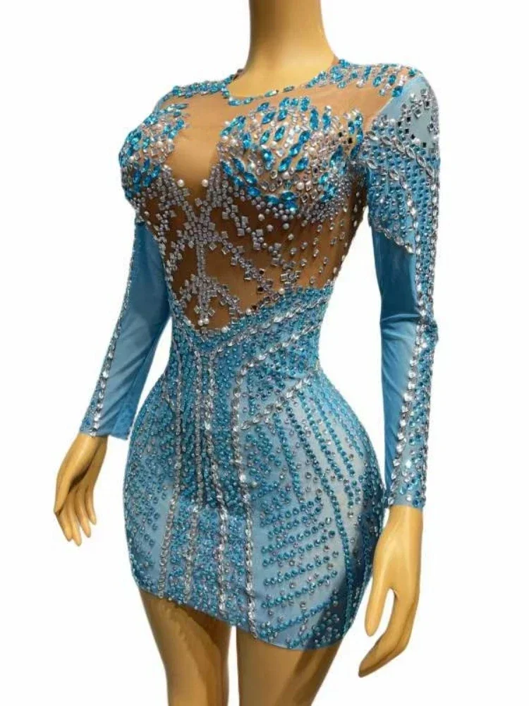 Shining Vrouwen Mini Korte Jurk Kristallen Outfit Drag Queen Verjaardag Stage Performance Kostuum Festival 2023 Vier DS Bar Show