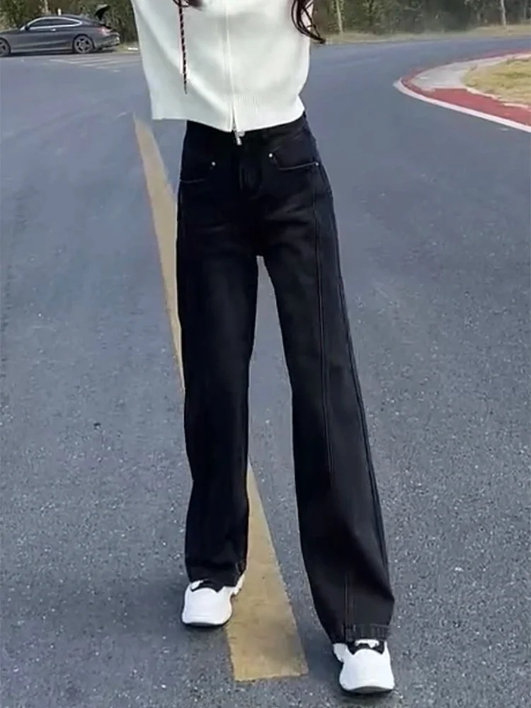 하이웨이스트 안감 슬림핏 스트레이트 레그 청바지 여성용 겨울 신상 슬레 플러스 사이즈 와이드 레그 팬츠 트렌디 블랙 데님
