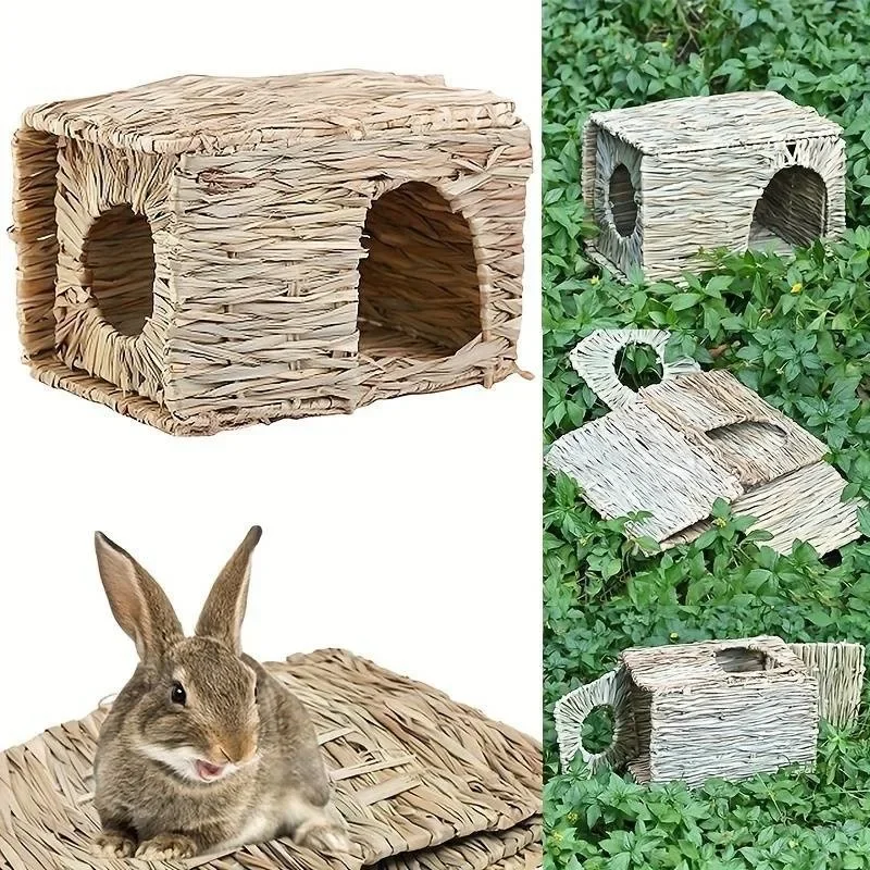 Grass House Rabbit Foldable Woven Rabbit Cages Hamster Guinea Pig Grass Chew Toy Mat House Bed Nests Small-scale Pet Accessories view 5
