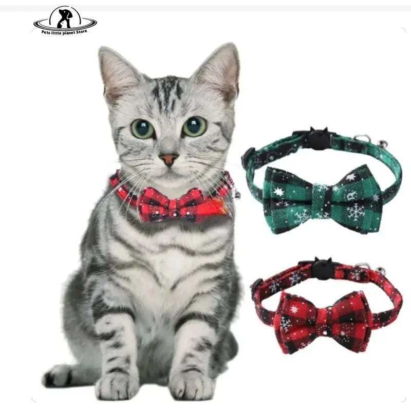 Bowknot Breakaway Cat Kitten Collar Bow Tie Adjustable Dog Collar with Bell Plaid Safety Buckle Christmas Pet Collar Necklace