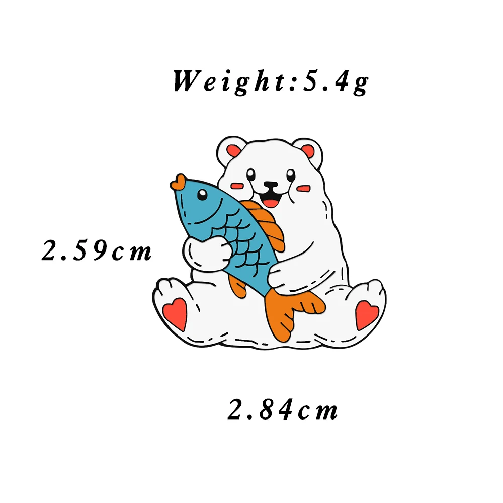 Happy Polar Bear che abbraccia pesce Cartoon spille spille Cute Big White Bears seduta distintivi smaltati Denim spilla regalo gioielli per bambini