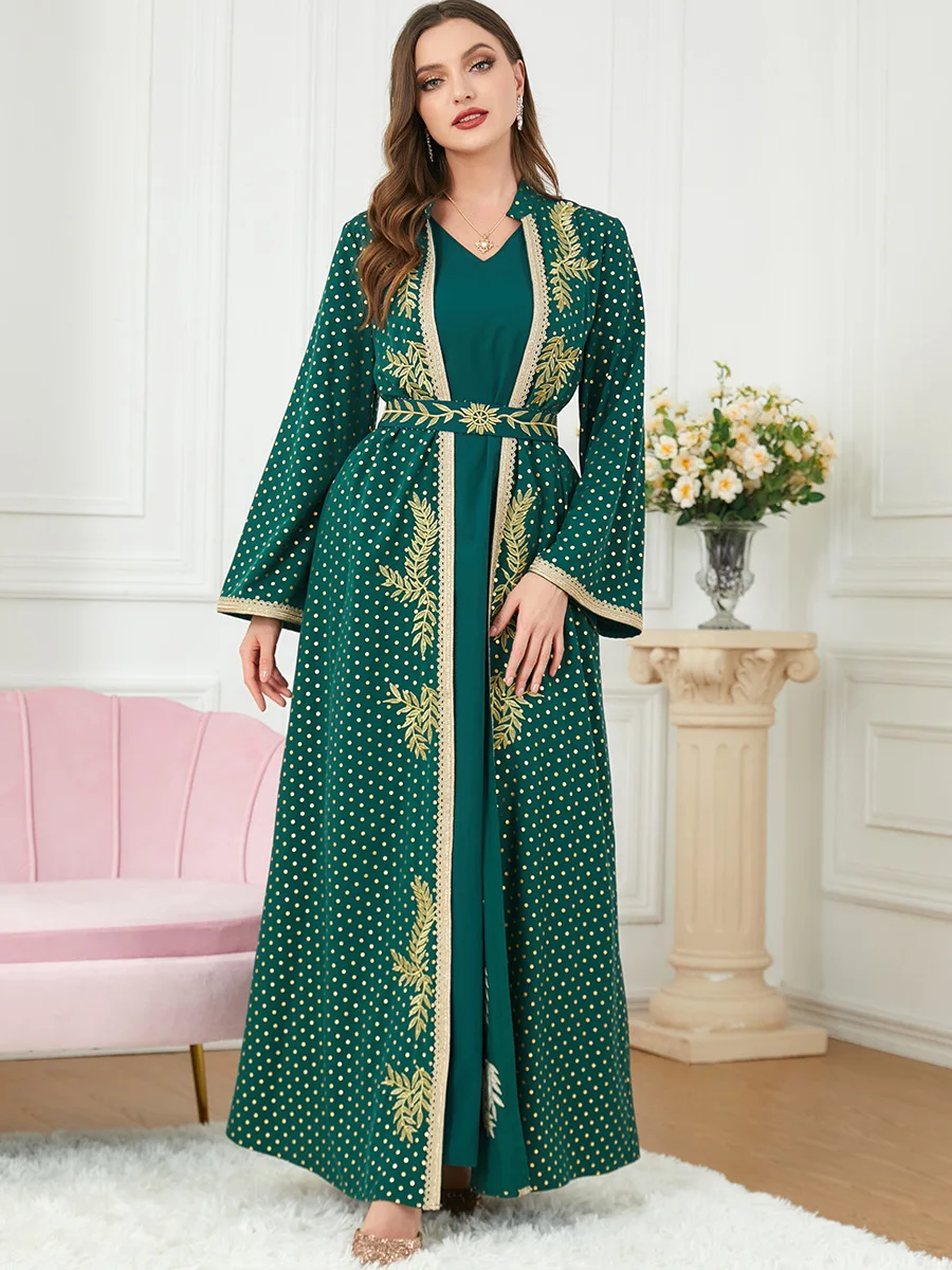 Eid Abaya for Women Print Embroidery Belted Open Abayas 2 Piece Kaftan Ramadan Dubai Muslim Sets Arabic Evening Long Dress Green