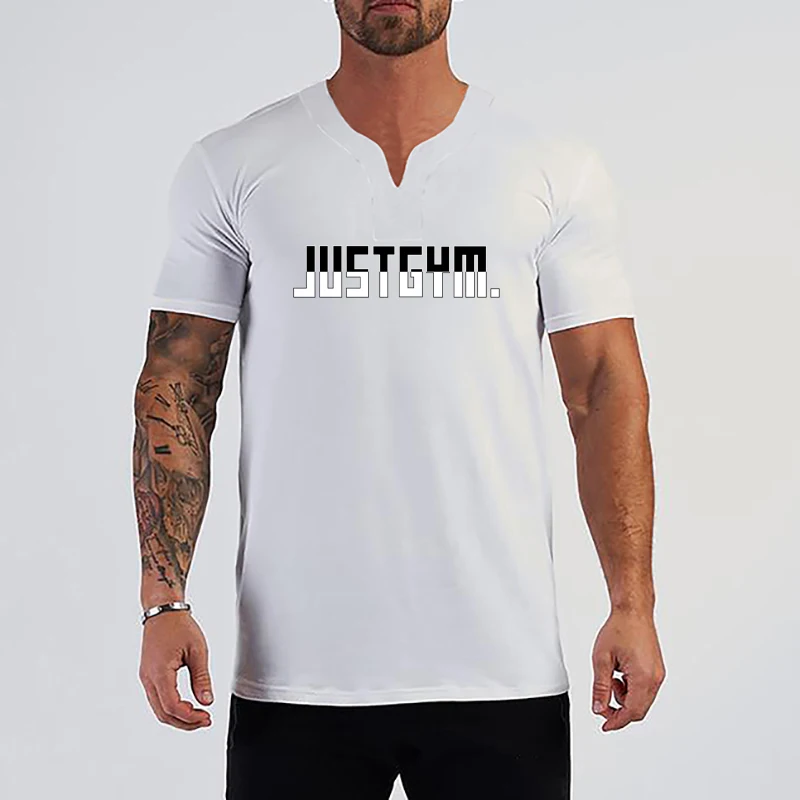 Fashion V Neck Short Sleeve Cotton Slim Mens Summer Casual Sports Gym Fitness T-shirt