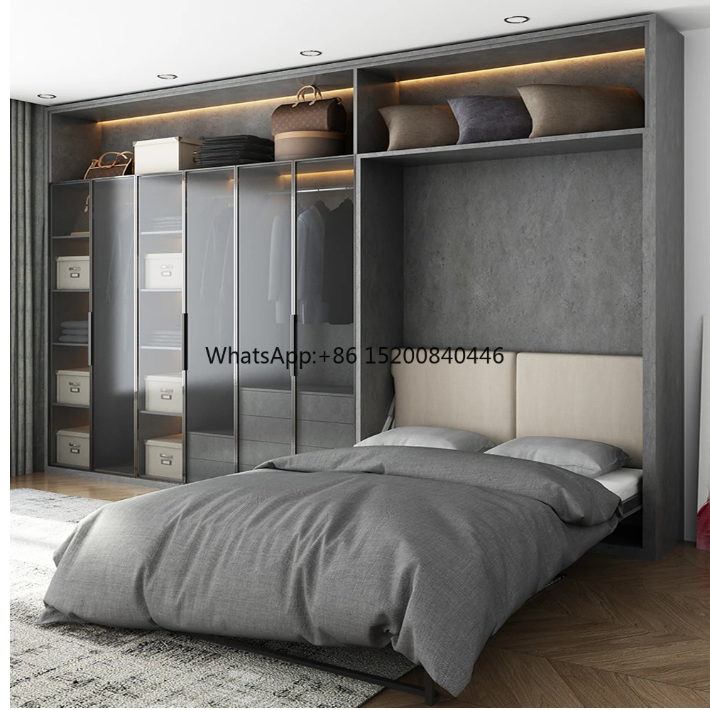 Space Saving Vertical Folding Wall Mounted Modern Transformable Hidden Folding Murphy Bed With Glass Door Wardrobe Cabinet