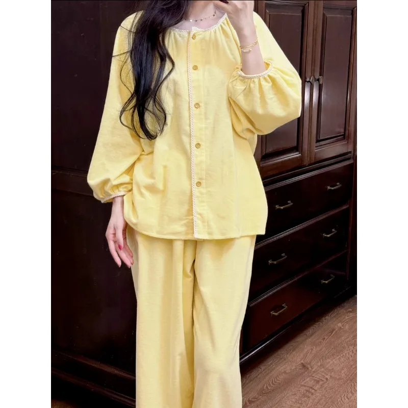 Korean Version of Girl Ins Sweet Wind Pajamas Women's Spring Autumn New Casual Loose Lace Solid Color Loungewear Set Sleepwear