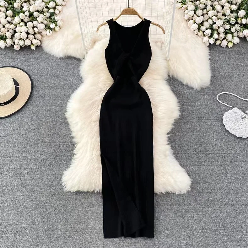 Summer Knitted Women's Long Dress Korean O Neck Sleeveless Kink Hollow Out Sexy Slim Bodycon Dresses Female Split Fork Vestidos