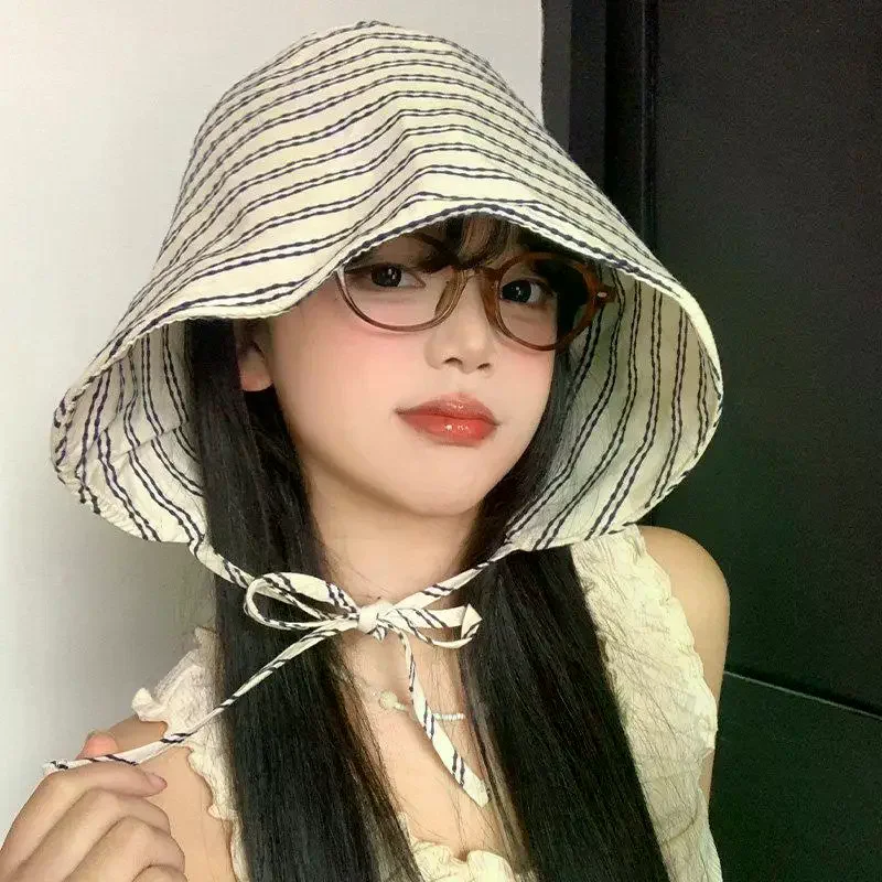 Women's Wide-brimmed Foldable Bucket Hat With Drawstring Korean Style Striped Panama Outdoor Hiking Hat Sun Protection Hat