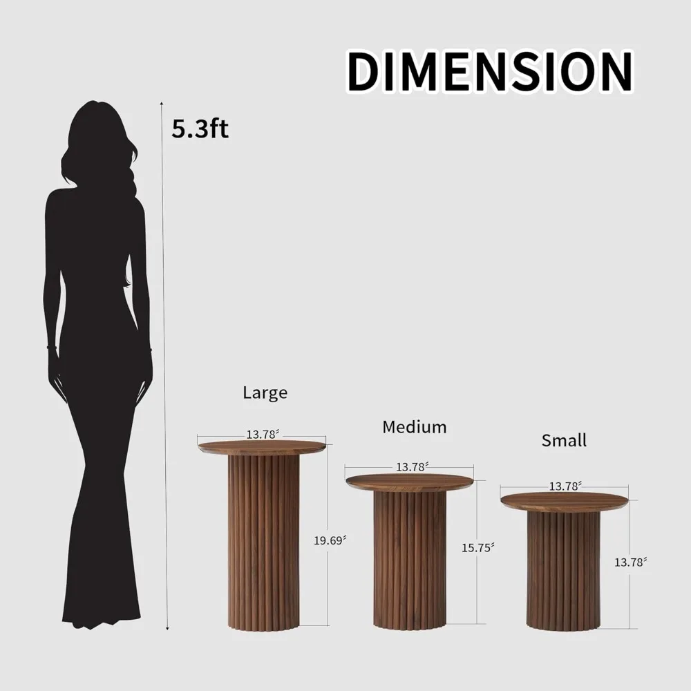 Tri-Level Nesting Coffee Table Set in Mid-Century Modern Style, Fluted Coffee and End Table Duo, Compact Circular Wooden Side Ta