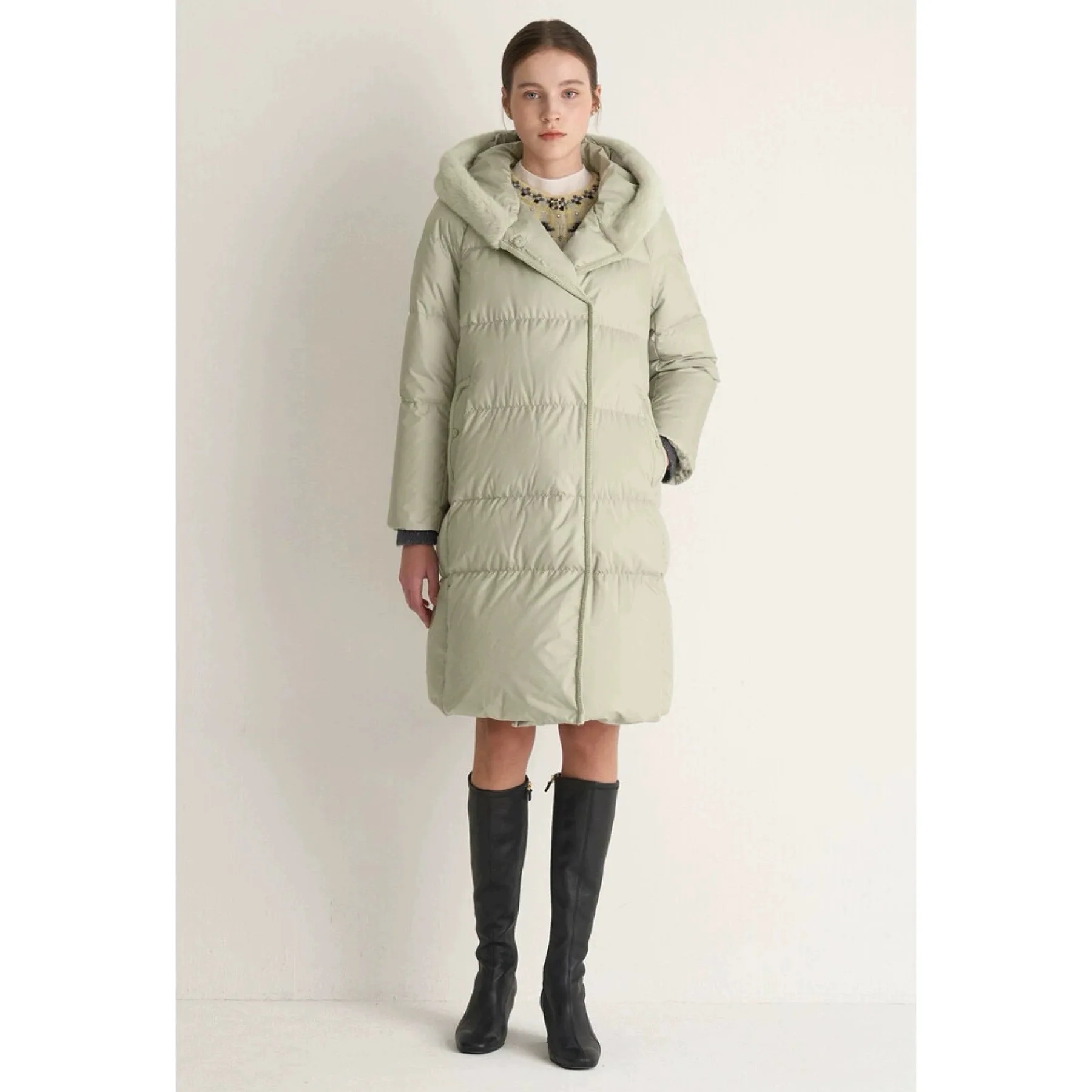 الليمون الجبن MIN25 الشتاء Faion مقنعين الربط تنوعا Thiened متوسطة الطول أوزة أسفل معطف دافئ تخفيف Sle Straig... #1