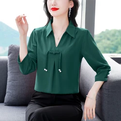 Spring Summer Women's Pullover Turn-down Collar Solid V-Neck Colored Beaded Three Quarter T-shirt Chiffon Chinese Style Tops