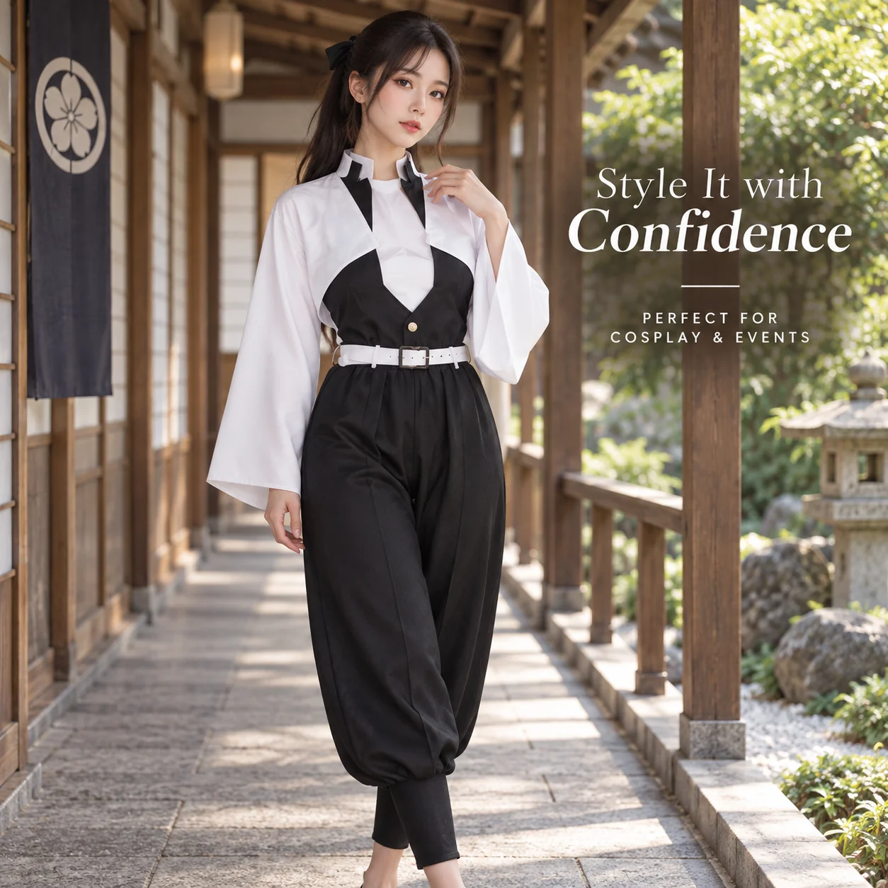 Japanisch inspirierter gestreifter Haori-Kimono für Cosplay, komplettes Set, schwarze Uniform mit gestreifter Außenrobe für Halloween, Karneval, Themenpartys und Rollenspiele.