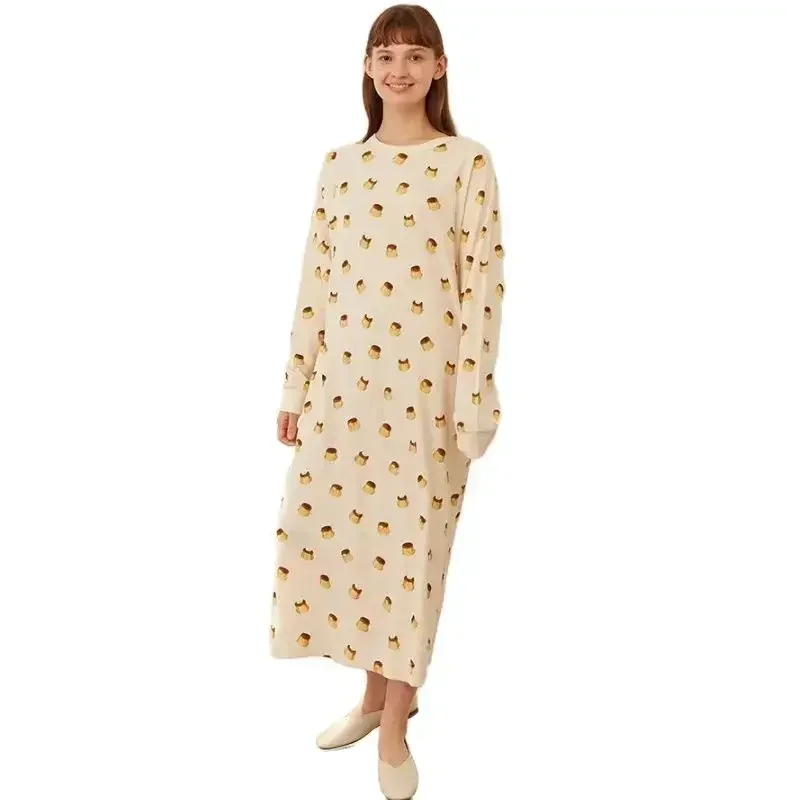 Night Dress One Piece Ladies Room Wear Pajamas Women\'s Nightdress Cotton Waffle