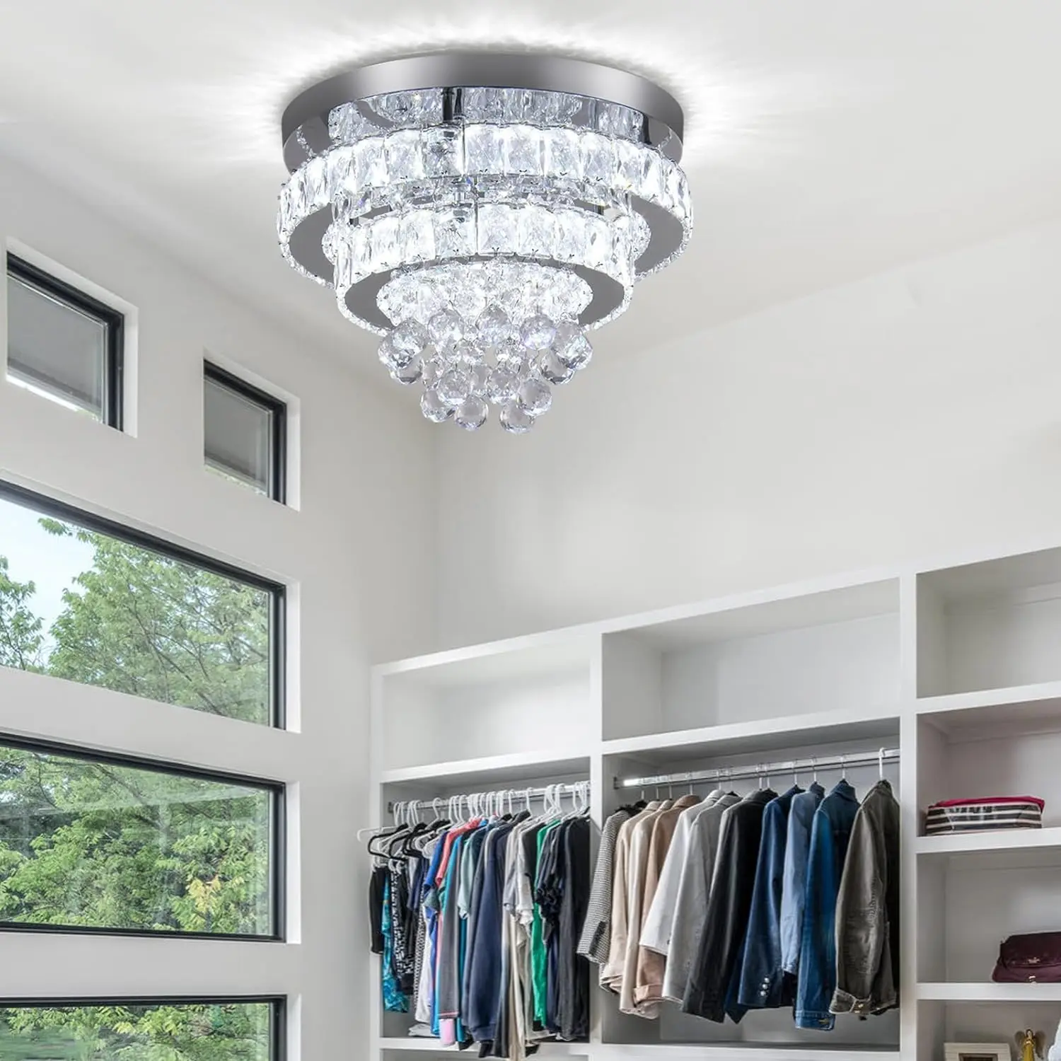 

13.7" Crystal Chandeliers Round Modern Semi Flush Mount Ceiling Light Fixtures Chrome Led Chandelier for Bedroom Living Room, 65