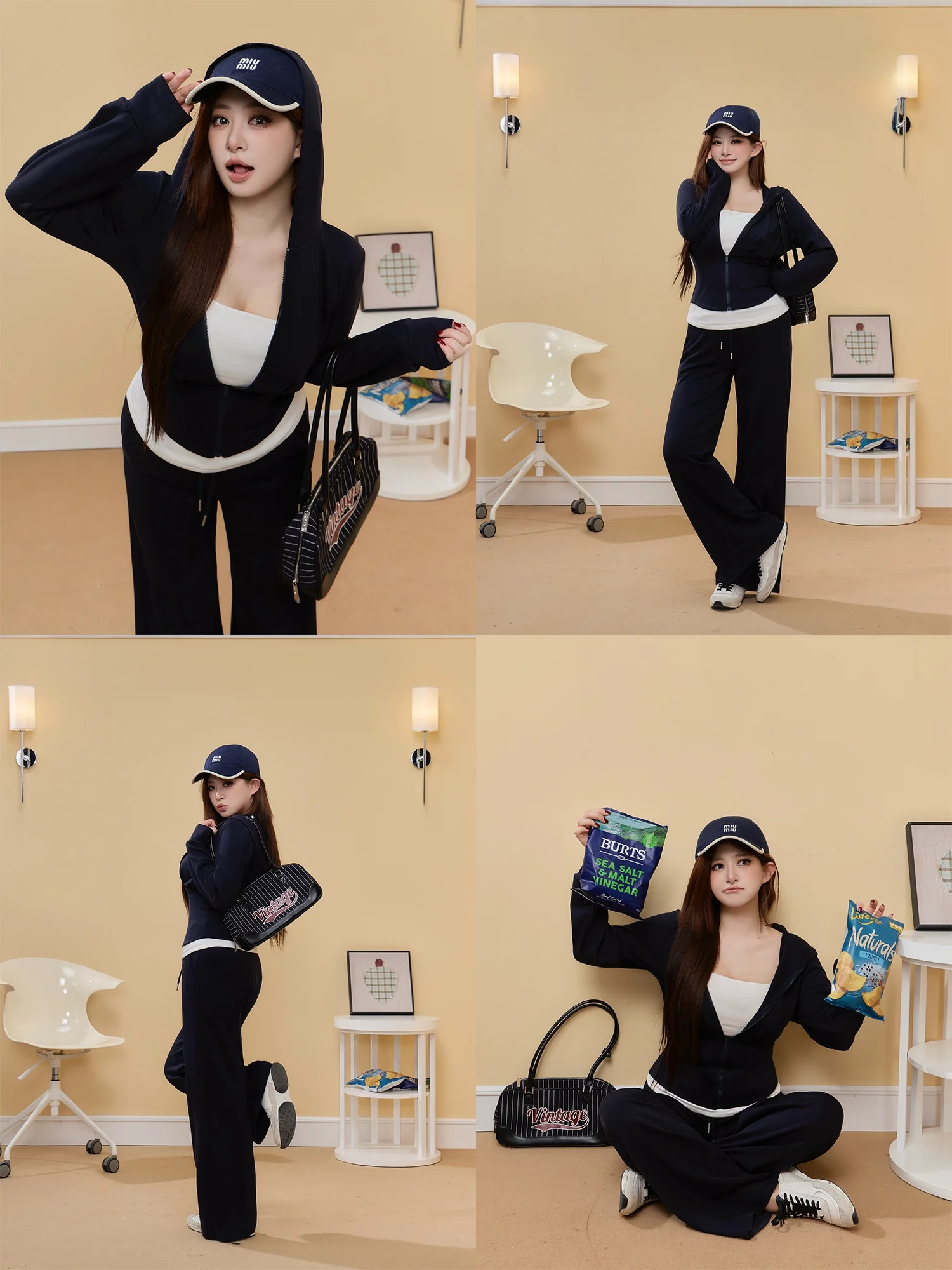 

Zhou Bai Zi High Waist 5D Stereo Tailoring Slimming Tall Faion Set Women's Long Sve ort Sle Top Bot Ensemble