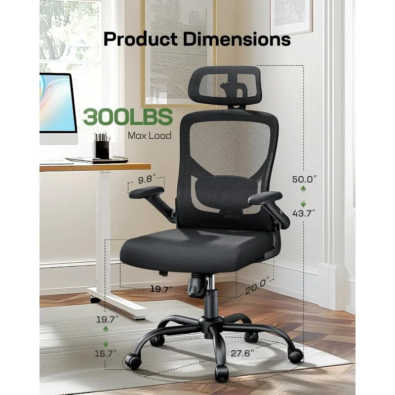 Ergonomic Mesh High Back Office Chair, Adjustable Lumbar Support with Headrest and Foldable Armrests, Swivel Computer Chai