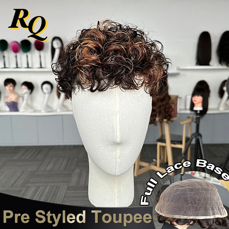 20mm Curls Men Toupee Protesis Hombre Pre Styled Peruk Full Lace Human Hair Toupee Men Ombre Hair Replacement System Male Wig