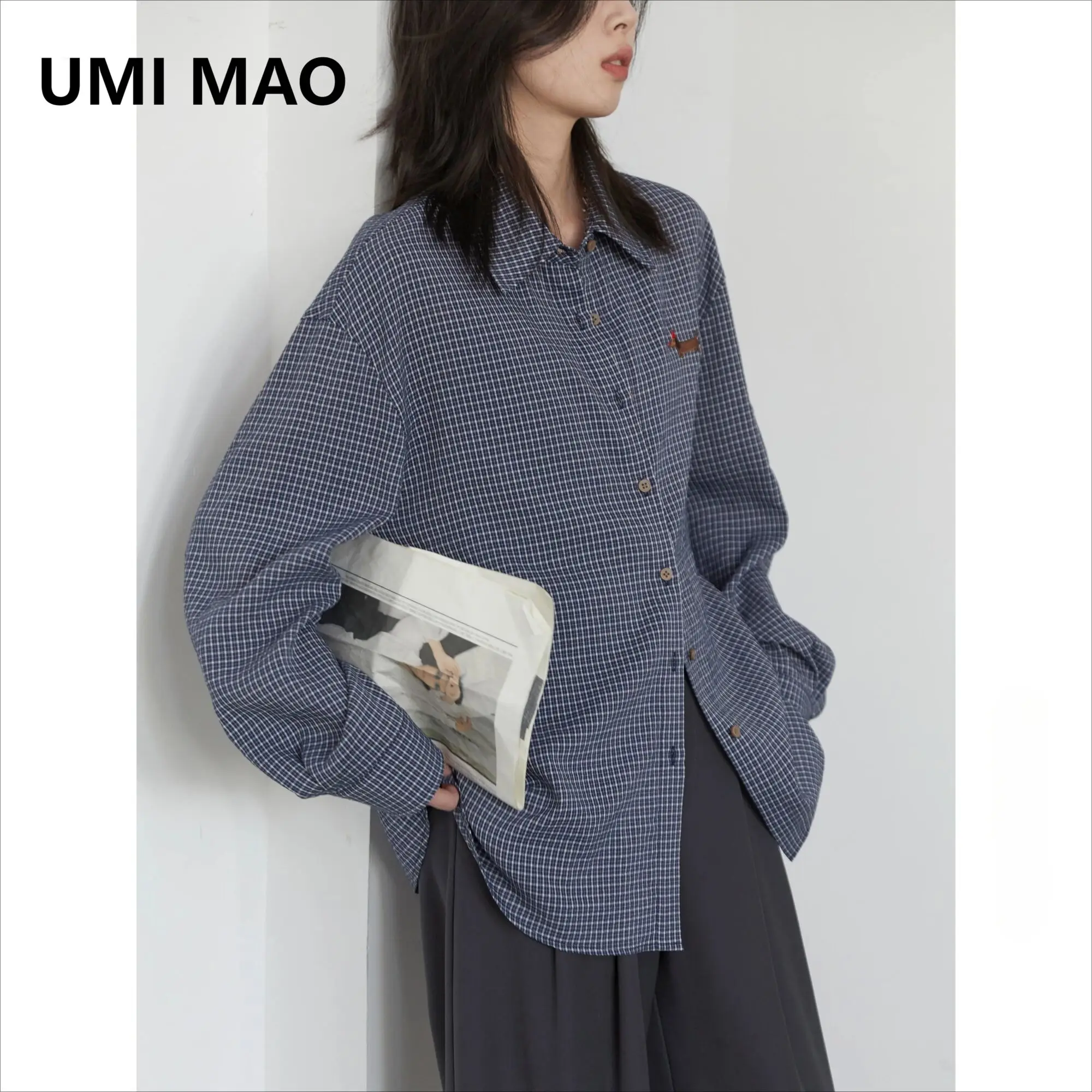 

UMI MAO 100% Cotton Women Shirt Long Sleeve Single Breasted New Loose Casual Embroidered Plaid Blouses Retro Female Top Spring