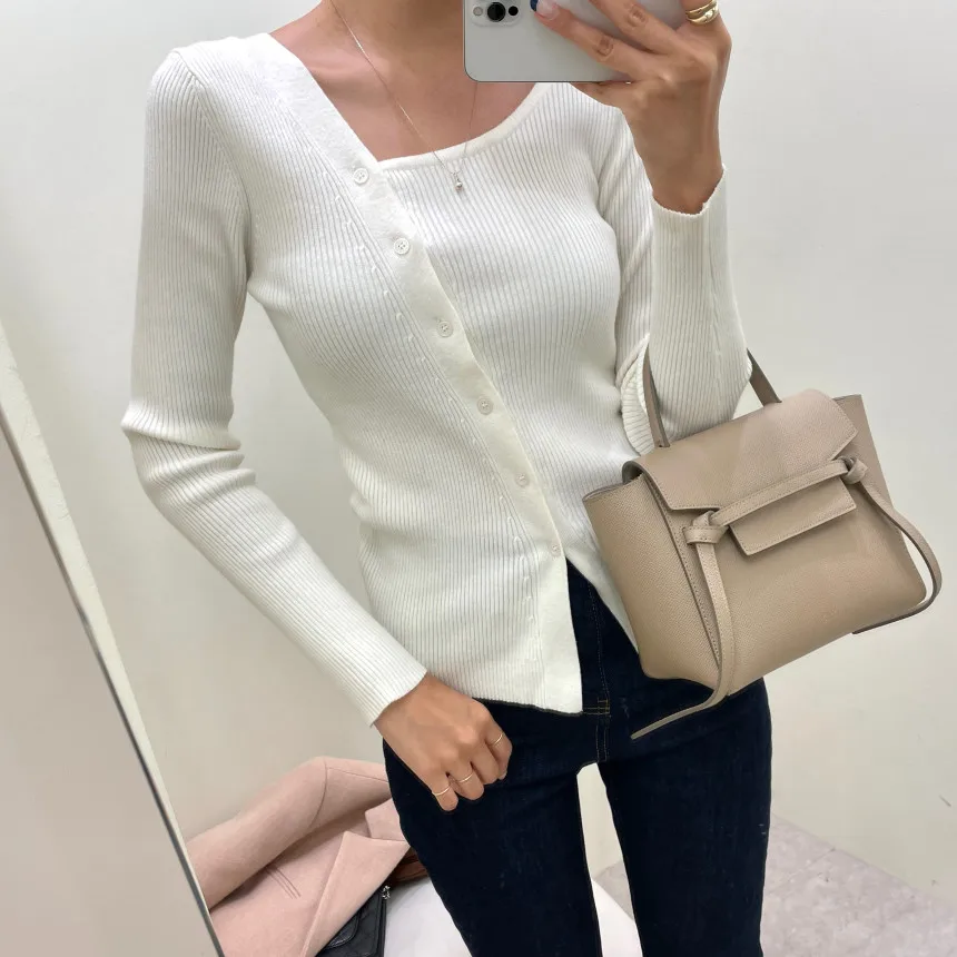 Elegante Otoño Invierno Slim Fit largo Sve suéter de punto mujer Faion Square Ne diseño oblicuo coreano Sle ropa Casual