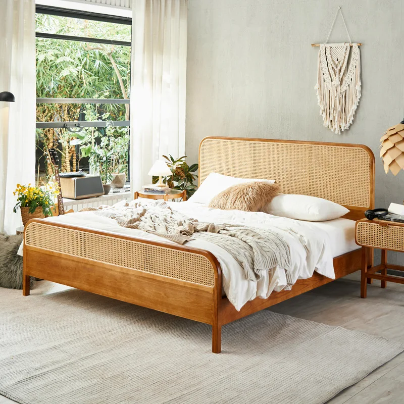 solid wood rattan woven king bed, modern and simple white wax wood double small bedroom, family bed master room 2 meters