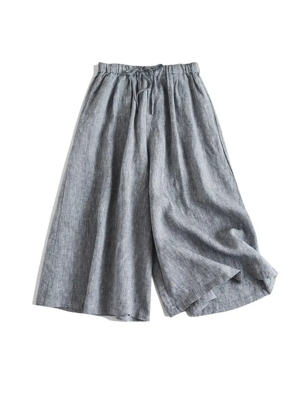Pantaloni casual versatili a vita alta a gamba larga da donna Estate 2025 Lino giapponese Sle Pantaloni semplici da sette piedi larghi