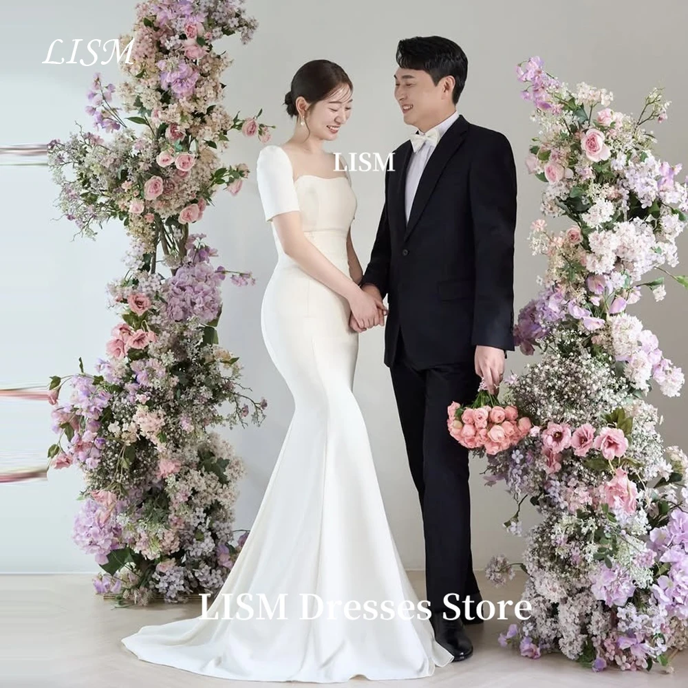 

LISM Square Collar Mermaid Simple Korea Wedding Dresses Half Sleeves Long Bridal Gowns 웨딩드레스 Customized Corset Photo Shoot