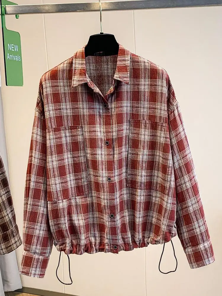 

Korean 2025 Spring Autumn New Plaid Fashion Long Sleeve Lapel Loose Shirt Women's Single Breasted Drawstring Holiday Short Tops
