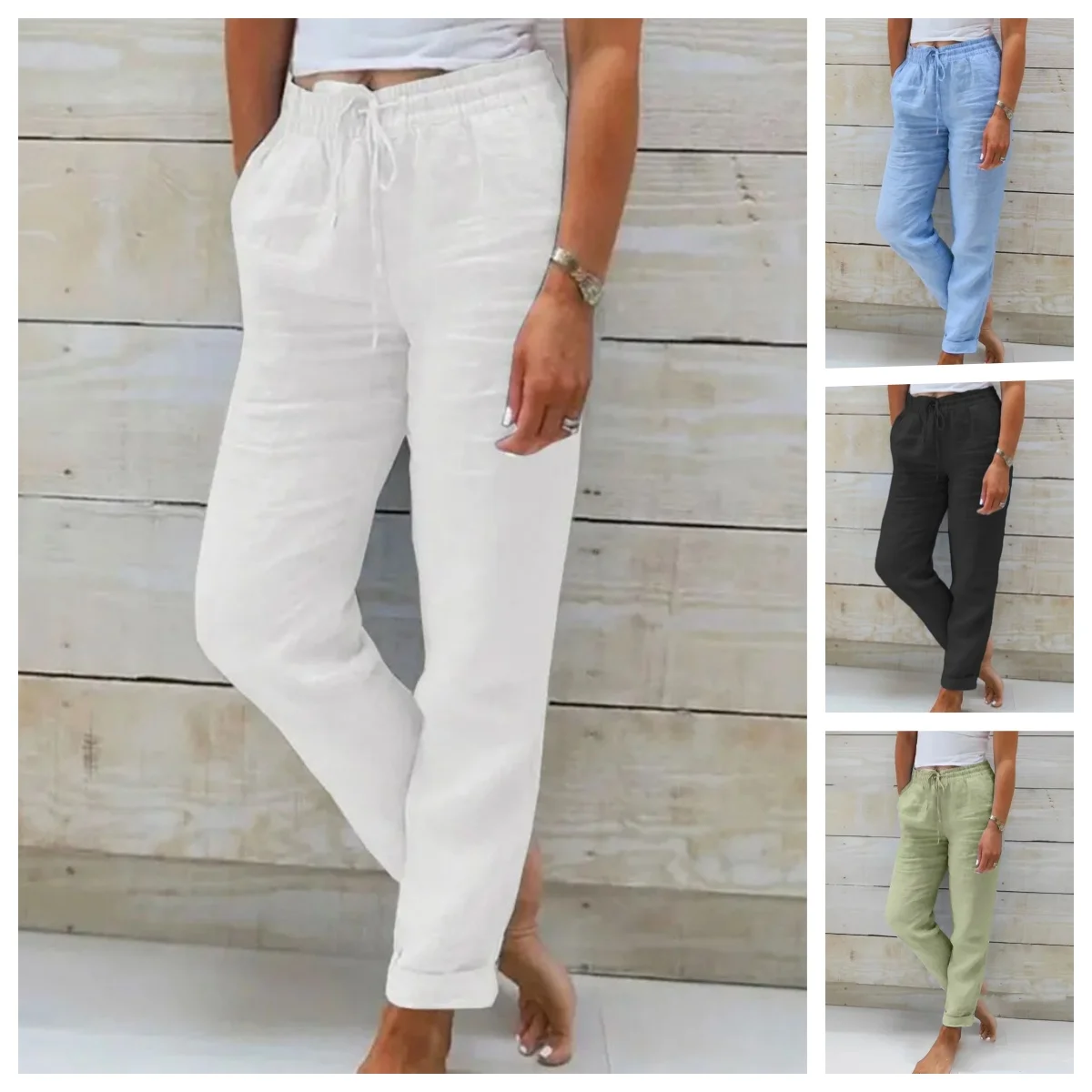 Summer Cotton Linen Pants Women 2026 High Waist Elastic Casual Trousers Streetwear Female Bottoms Drawstring Loose Pencil Pants