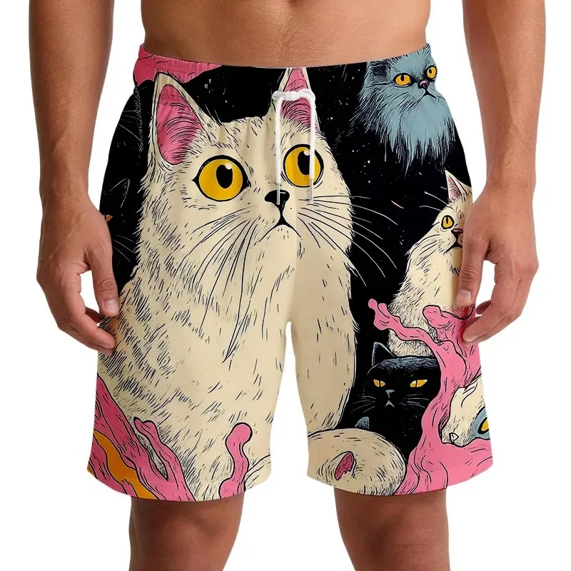 

Illustration Cat Print Sports Shorts for Men and Women, Summer Loose Quick Drying Beach Pants, Casual Five Quarter Pants