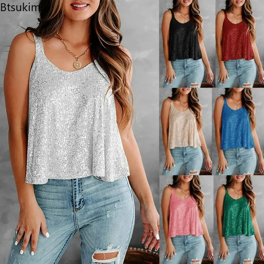2026 Women's Sexy Tank Top Summer Clothing Female Retro Elegant Spring Summer Street Clothing Party Club Stage Shiny Camis Top