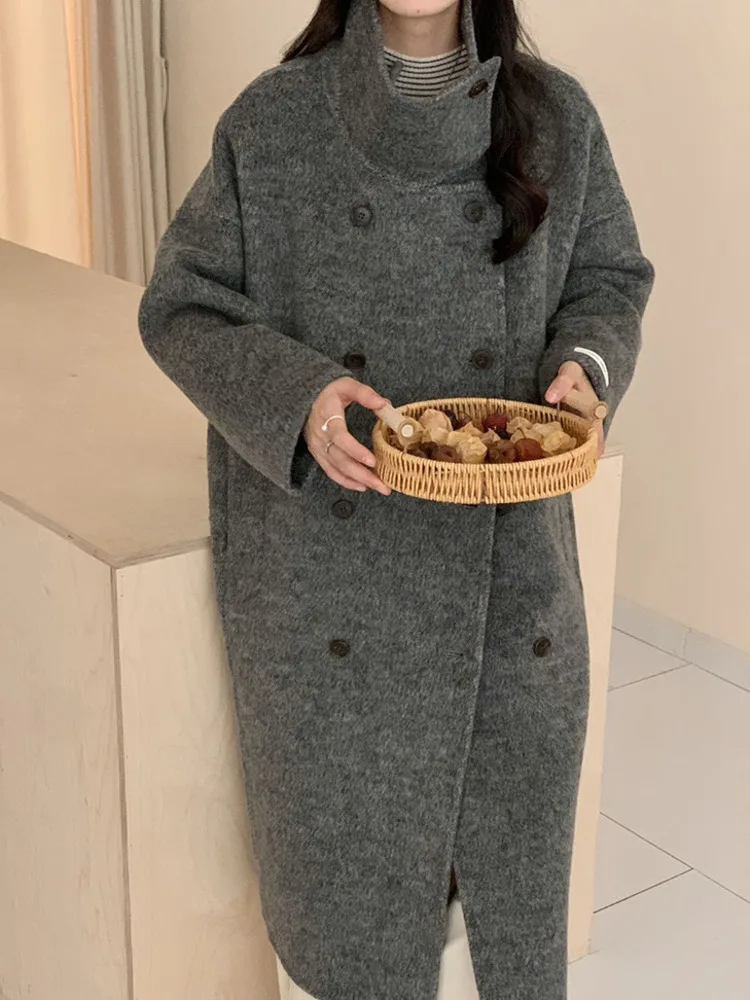 ZMEENNA レディース エレガント ブラウン ウール ブレンド ロング コート スタンドカラー 非対称ボタン 冬 アウター シック マキシ丈 ZM3435