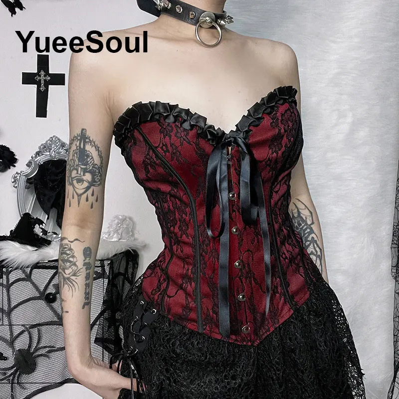 Gothic Lace Mesh Crop Tops Black Sexy Spaghetti Strap Corset Tops Goth Punk Grunge Fairy Core Halloween Y2K Aesthetic Clothes