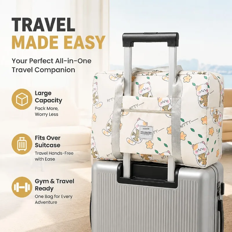 Large Capacity Travel Duffle Bag for Women, Shoulder Carry-On Weekender Bag, Fits Over Suitcase, Storage Organizer for Gym,