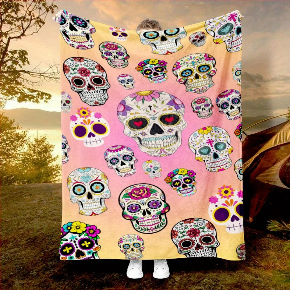 Sugar Skull Fiesta Blanket Reversible Flannel Throw for Folk Art Lovers AllSeason Comfort Vibrant Culture Gift