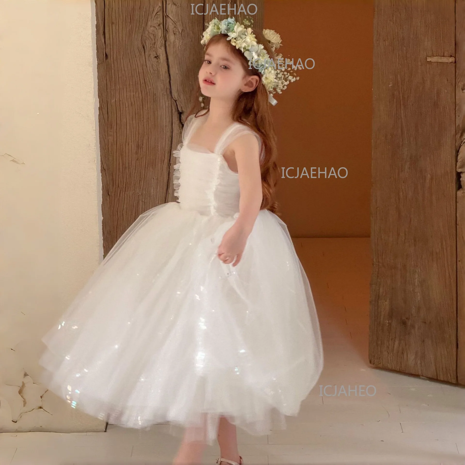 2026 New Style Children CostumeWhite Puffy Princess Dress For Girls, Kids Birthday Banquet Performance Gown, Flower Girl Dress,
