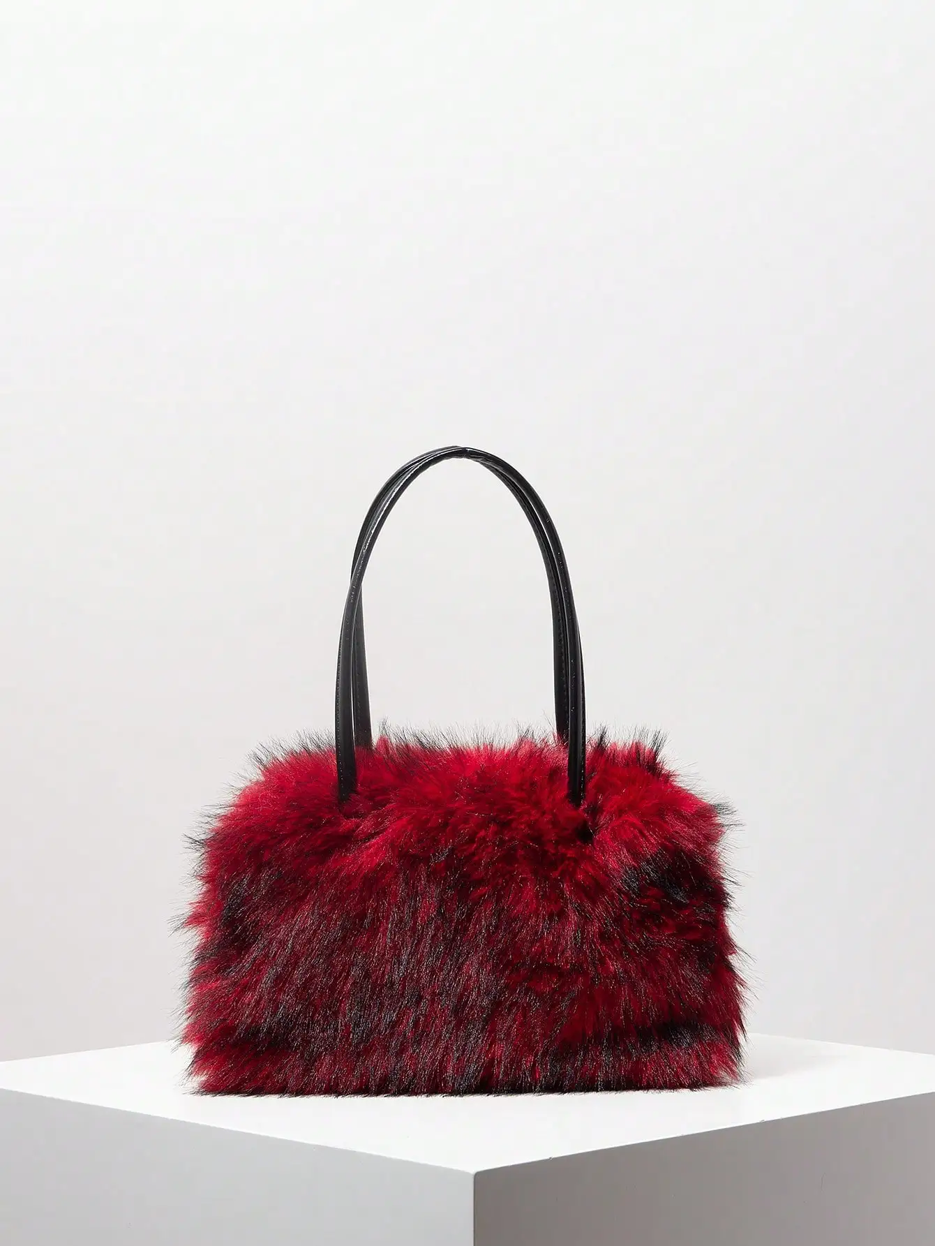 Red Faux Fur Evening Handbag with Black Handle, Compact Square Shape for Parties