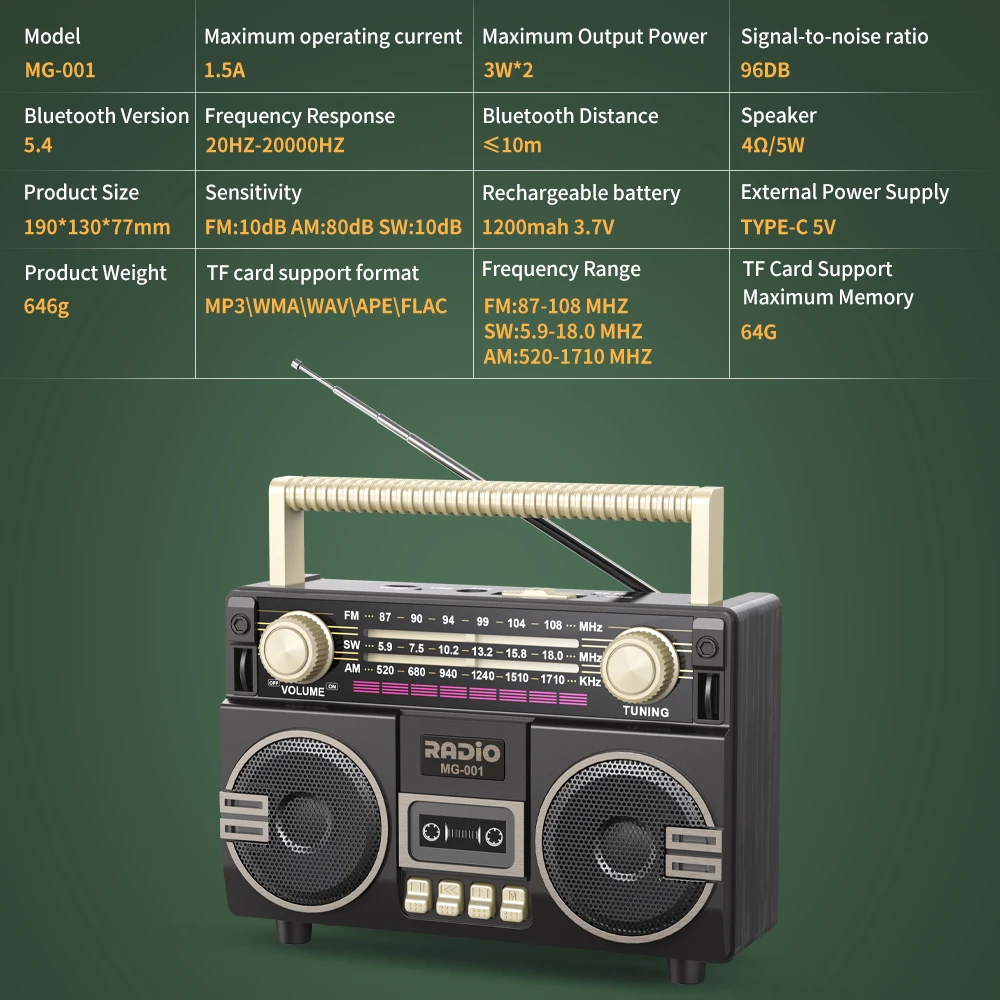 Lettore di schede TF con radio portatile multifunzionale retrò con ricarica USB e fasce AUX, AM/FM/SW, adatto per riunioni di famiglia e fuori