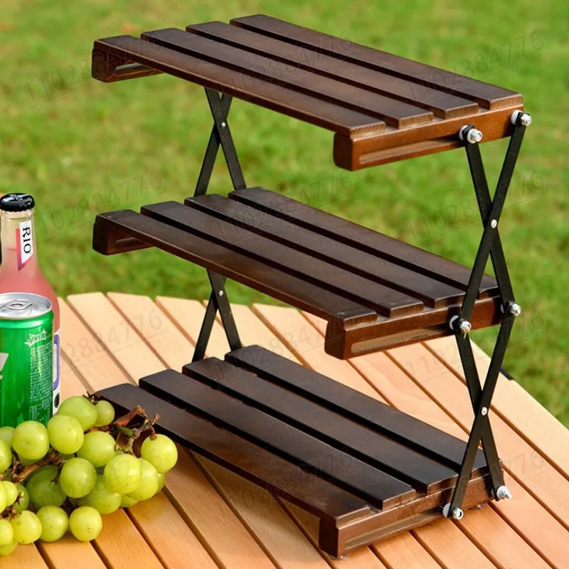 Metal Three Tier Folding Shelf Multifunctional Outdoor Camping Storage Rack Expandable Desktop Folding Wooden Folding Shelf