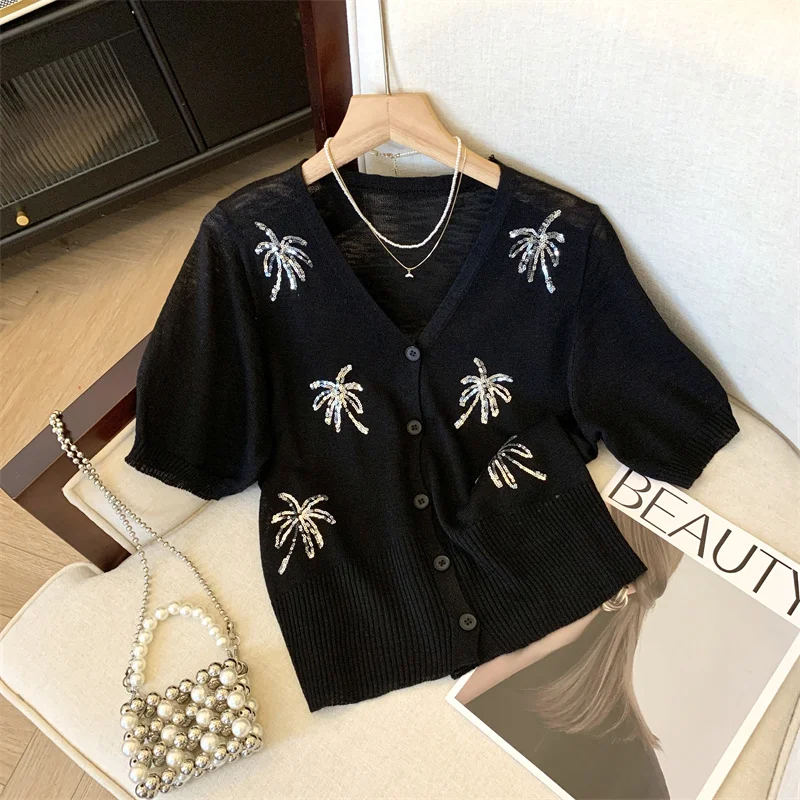 Sequins Stylish Elegant Cardigan Sweater Women Knit T-shirts Tees 2024 Summer Short Sleeve V-neck Solid Chic Ladies Knitwear Top