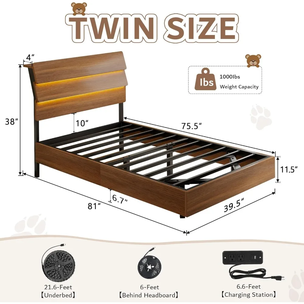 iPormis Floating Twin Metal Bed Frame with LED Lights & Charging Station, Platform Bed with Wooden Storage Headboard, Heavy Duty