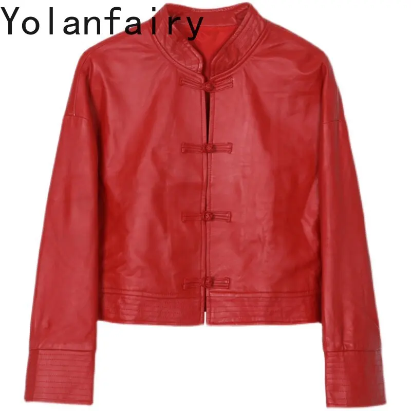 

YOLANFAIRY Women Real Sheepskin Short Coat Fall Stand Collar Long Sleeve Genuine Leather Jacket Chinese Tang Style Red Outerwear