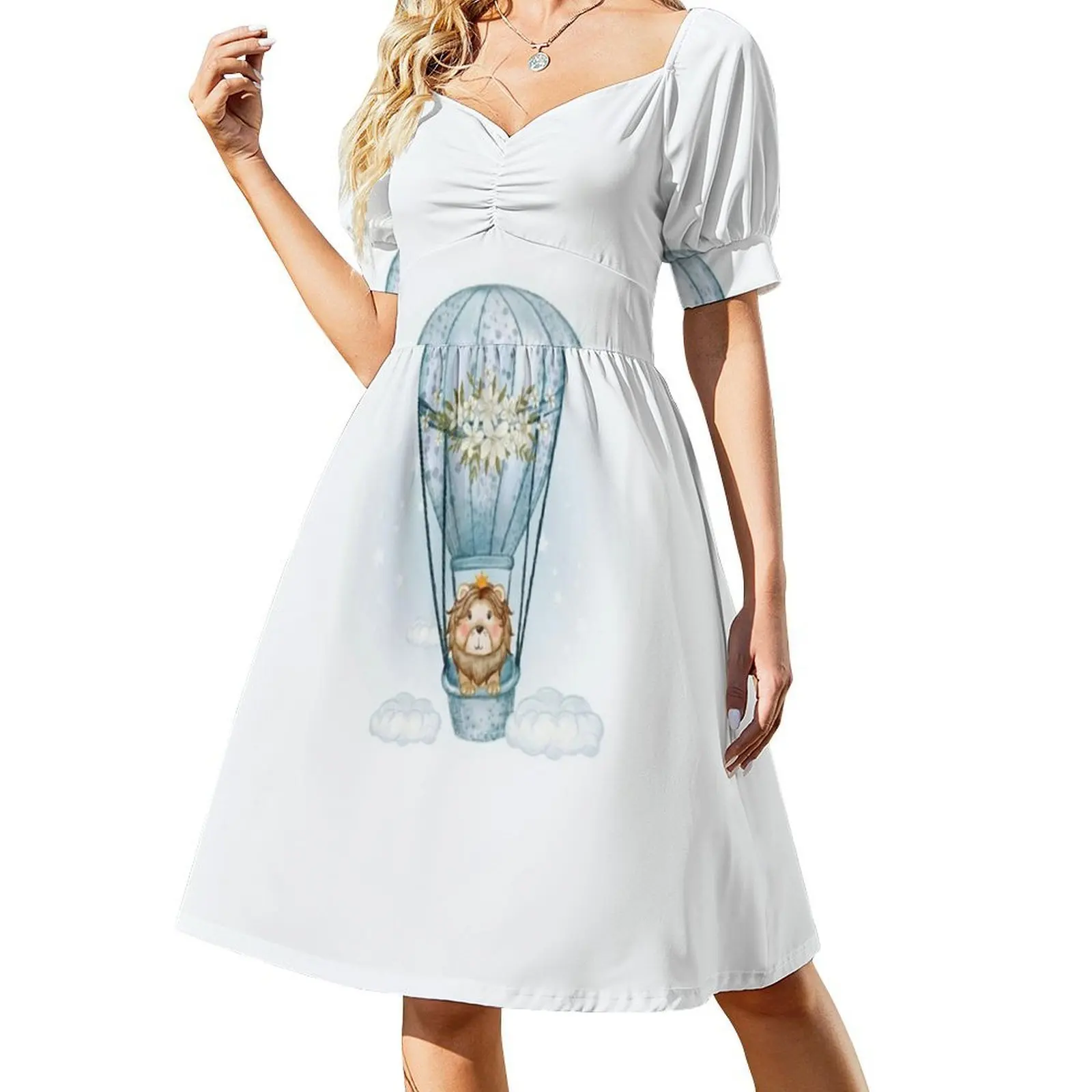 Little Lion In Hot Air Balloon Above The Clouds Sweetheart Neckline Dress Elegant Summer Party Dress For Women Lion Lion Head