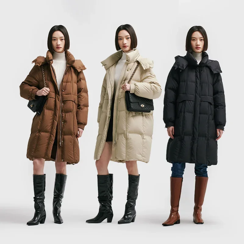 Chericom Women's Long Black Down Coat 90% Duck Down Filling With Detachable Hood Cinched Waist Design Warm Puffer Coats Y298092Y