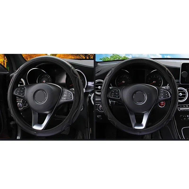 37-38cm Car Black Steering Wheel Cover Non-slip Faux Leather Wear-proof Decorative Steering Covers Accessories