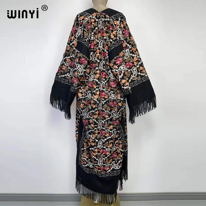 WINYI Winter Women tassel Pashmina Embroidery Long Coat Loose Lapel robe femme Thick Warm free size Middle East Female KIMONO