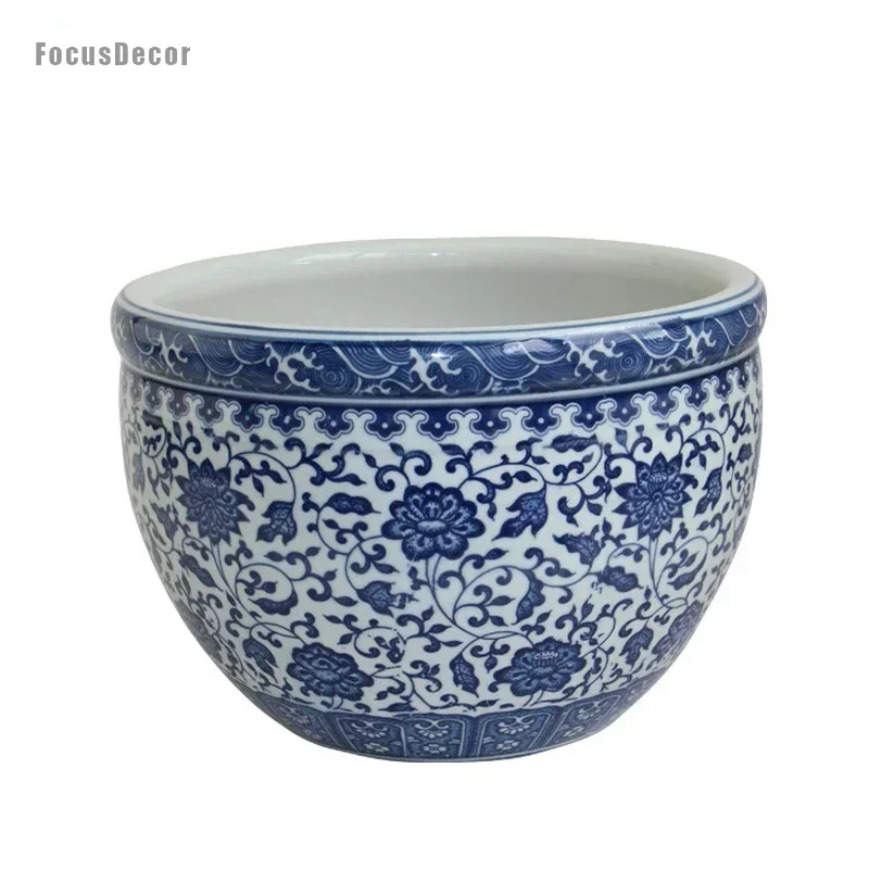 Floral And Vine Print For Goldfish Ceramic Fish Tank Round Blue And White Chinese Porcelain Fish Bowl Table Decorations