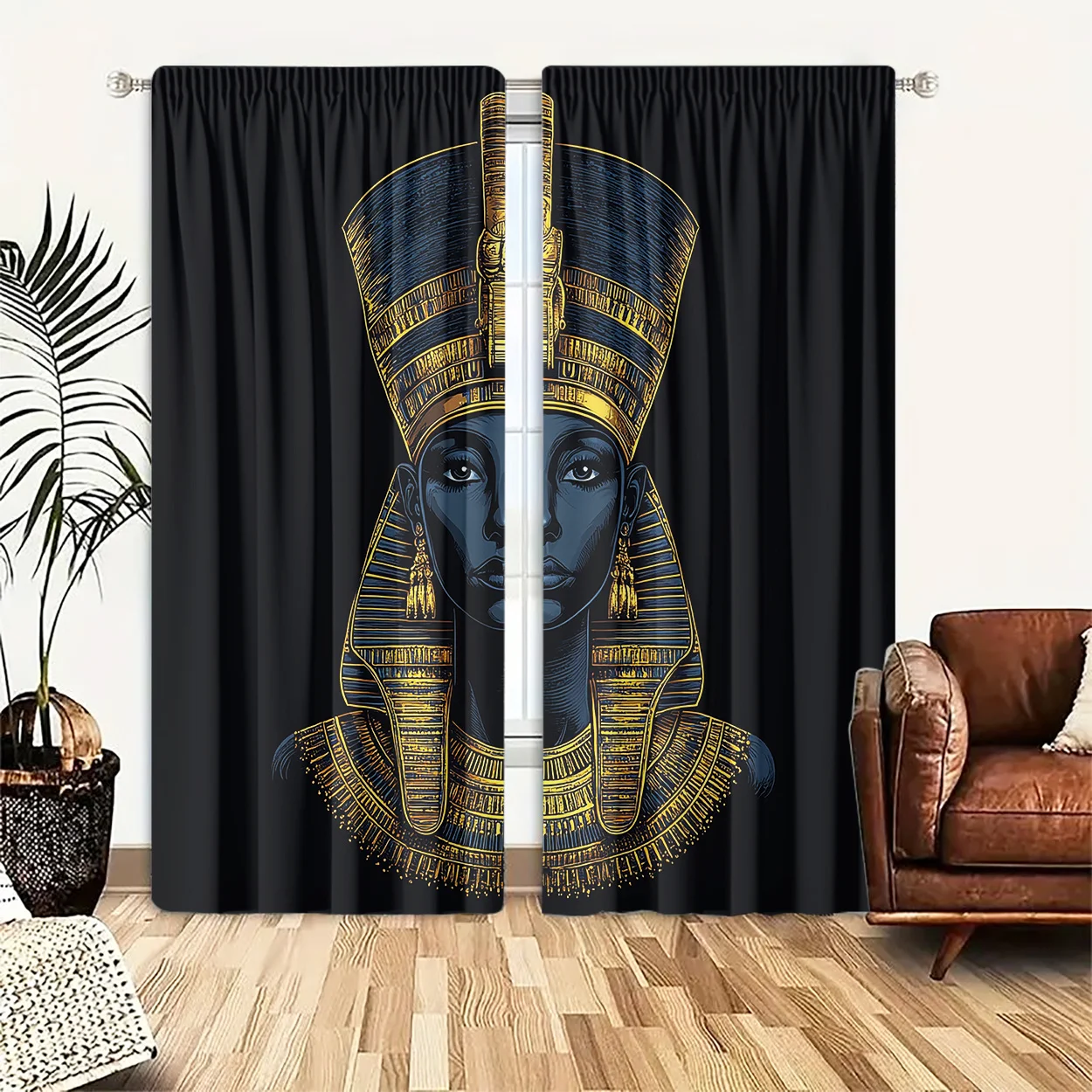 Gilded Egyptian Queen Curtain 2 Panels, Line Pharaoh Headdress Ornament Allover Black Print,Curtains Studio Ethnic Style Curtain